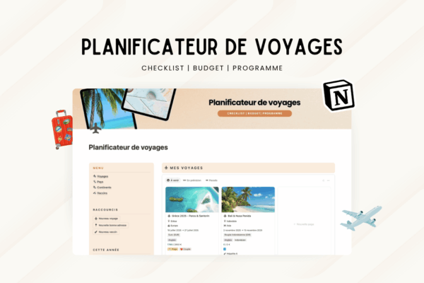 1 Template Notion Planificateur de voyages – organise facilement tes vacances avec un tableau de bord centralisé, la gestion des réservations, des to-do, du budget, de la valise, des bonnes adresses et du programme jour par jour.