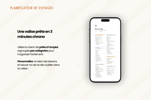10 Template Notion Planificateur de voyages – organise facilement tes vacances avec un tableau de bord centralisé, la gestion des réservations, des to-do, du budget, de la valise, des bonnes adresses et du programme jour par jour.