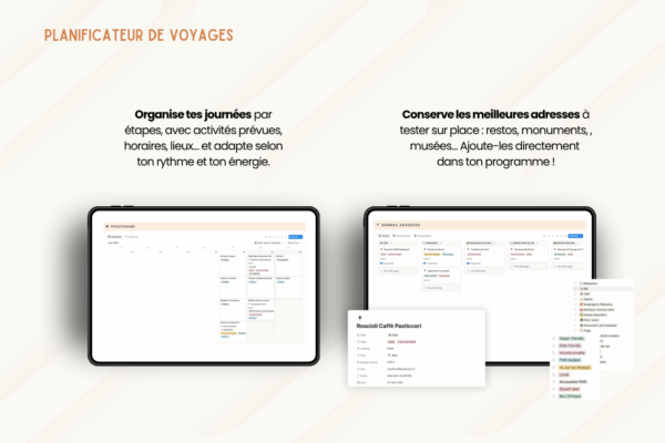 11 Template Notion Planificateur de voyages – organise facilement tes vacances avec un tableau de bord centralisé, la gestion des réservations, des to-do, du budget, de la valise, des bonnes adresses et du programme jour par jour.