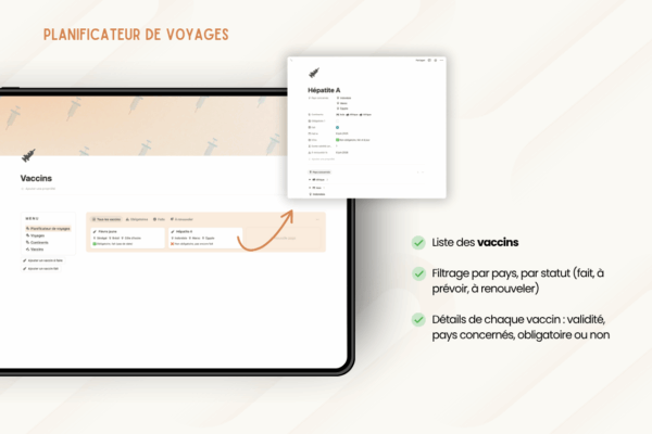 5 Template Notion Planificateur de voyages – organise facilement tes vacances avec un tableau de bord centralisé, la gestion des réservations, des to-do, du budget, de la valise, des bonnes adresses et du programme jour par jour.