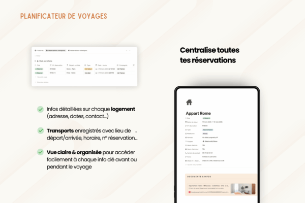 7 Template Notion Planificateur de voyages – organise facilement tes vacances avec un tableau de bord centralisé, la gestion des réservations, des to-do, du budget, de la valise, des bonnes adresses et du programme jour par jour.