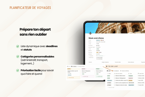 8 Template Notion Planificateur de voyages – organise facilement tes vacances avec un tableau de bord centralisé, la gestion des réservations, des to-do, du budget, de la valise, des bonnes adresses et du programme jour par jour.