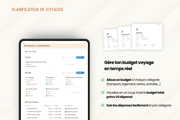 9 Template Notion Planificateur de voyages – organise facilement tes vacances avec un tableau de bord centralisé, la gestion des réservations, des to-do, du budget, de la valise, des bonnes adresses et du programme jour par jour.